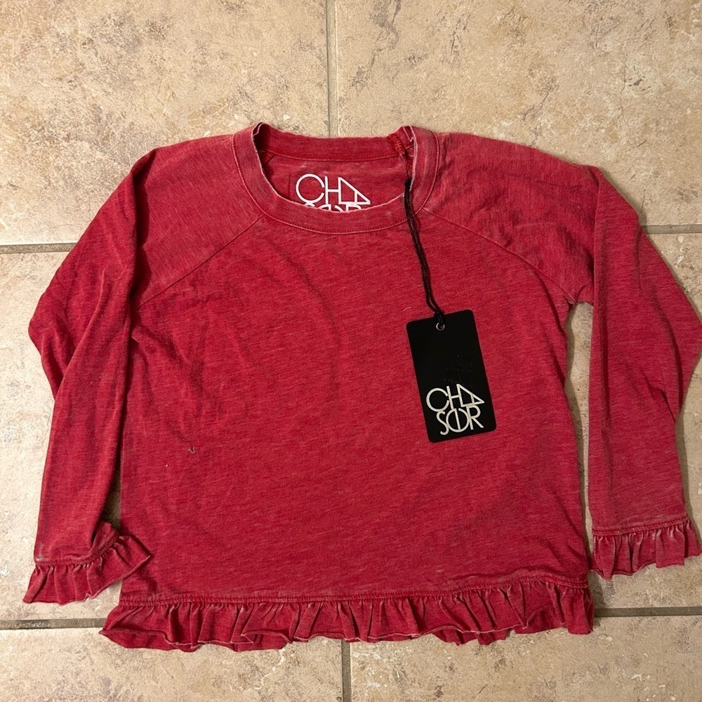 NWT chaser Red burnout Long Sleeve Ruffle Hem Top sz 6